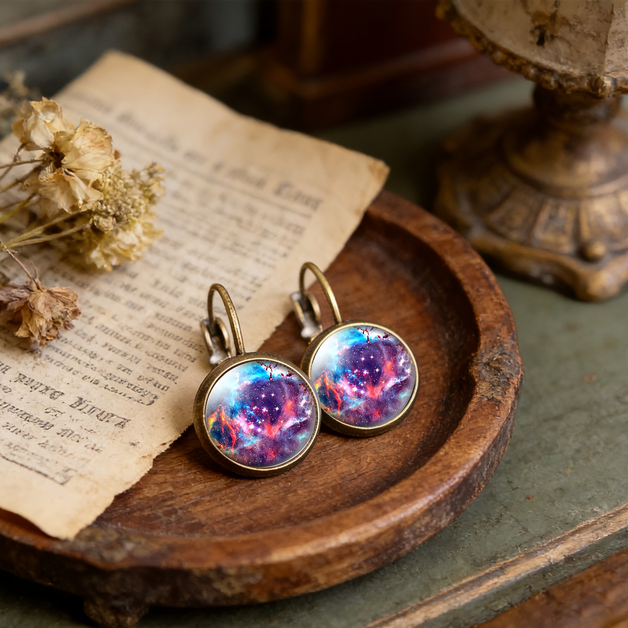2pcs Cyan Round Classical Earrings Set with Universe Nebula Design
